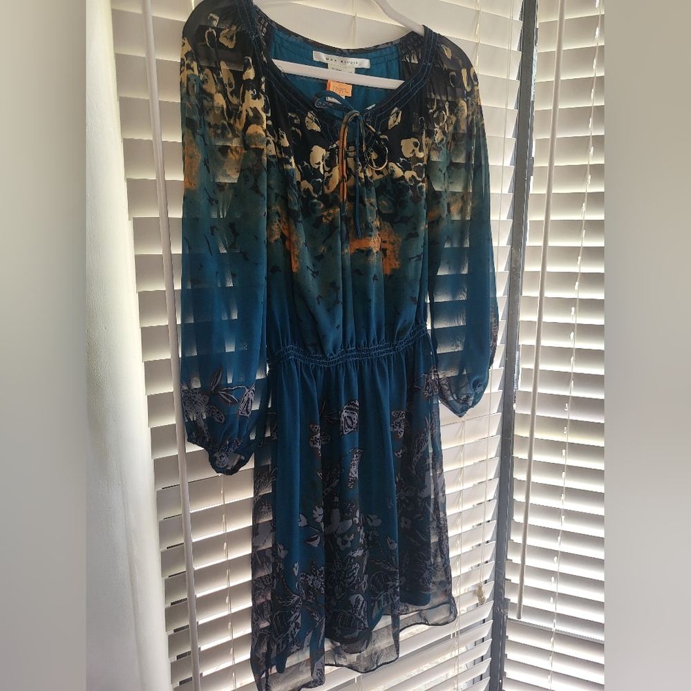 Max Studio Beautiful Teal Blue Cream and Orange Long Sleeve Dress
